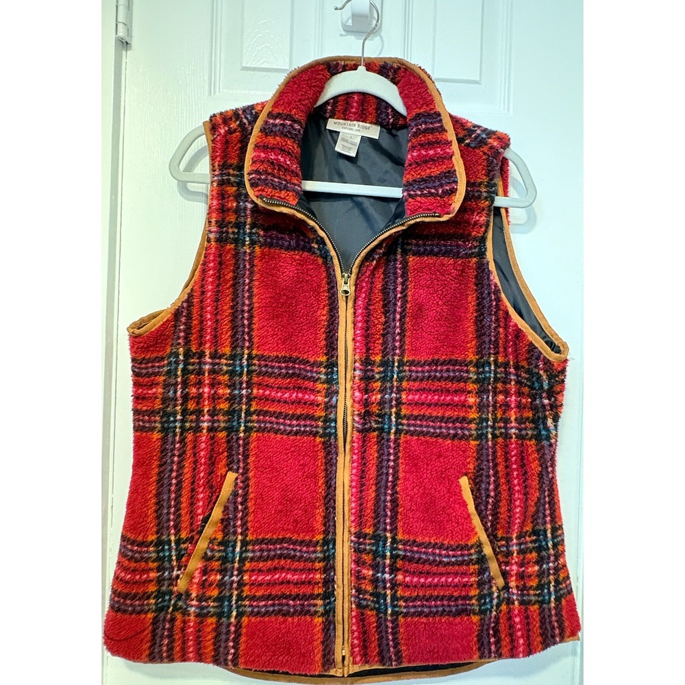 Mountain Ridge Red Plaid Sherpa Fleece Vest Womens Large Full Zip Outdoor Layer